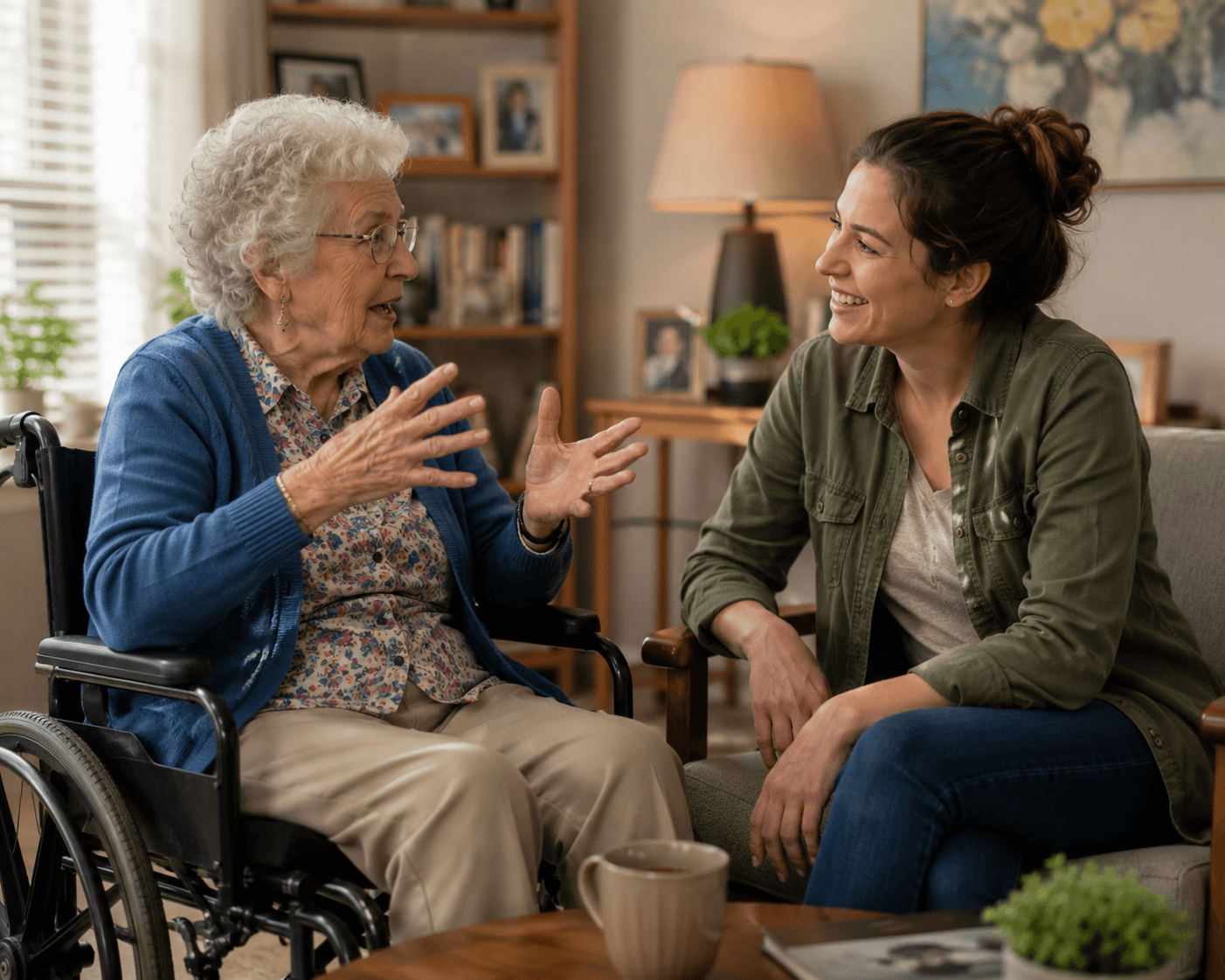 Older woman in conversation with a companion in her living room