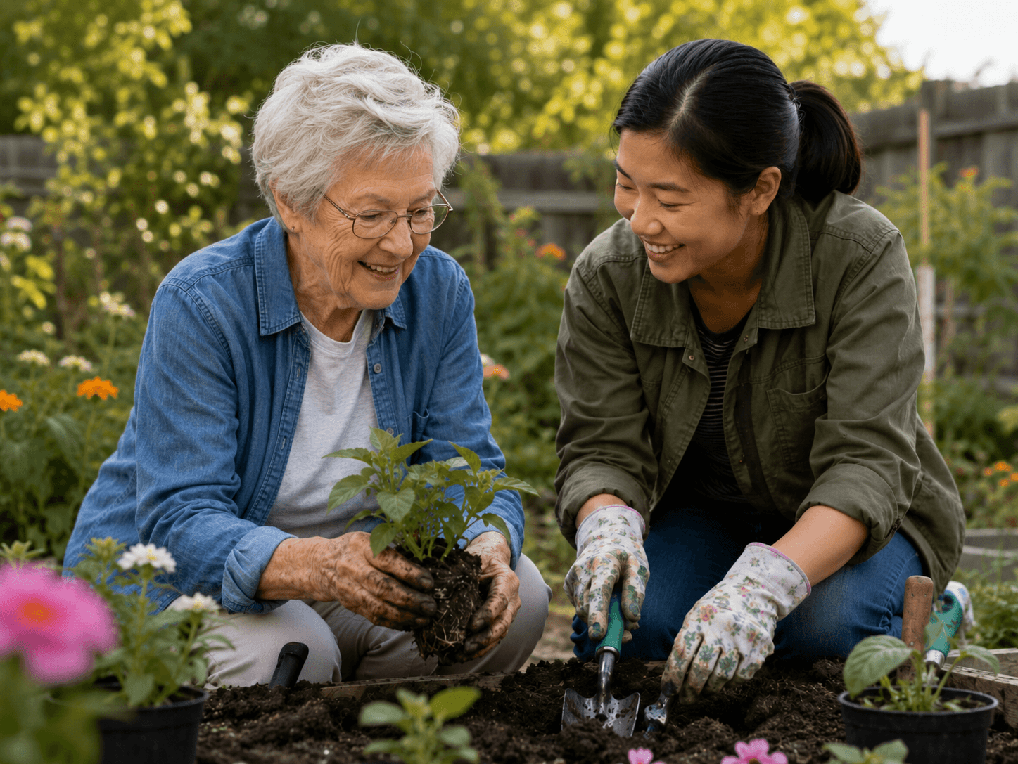 Older woman and a younger companion gardening together