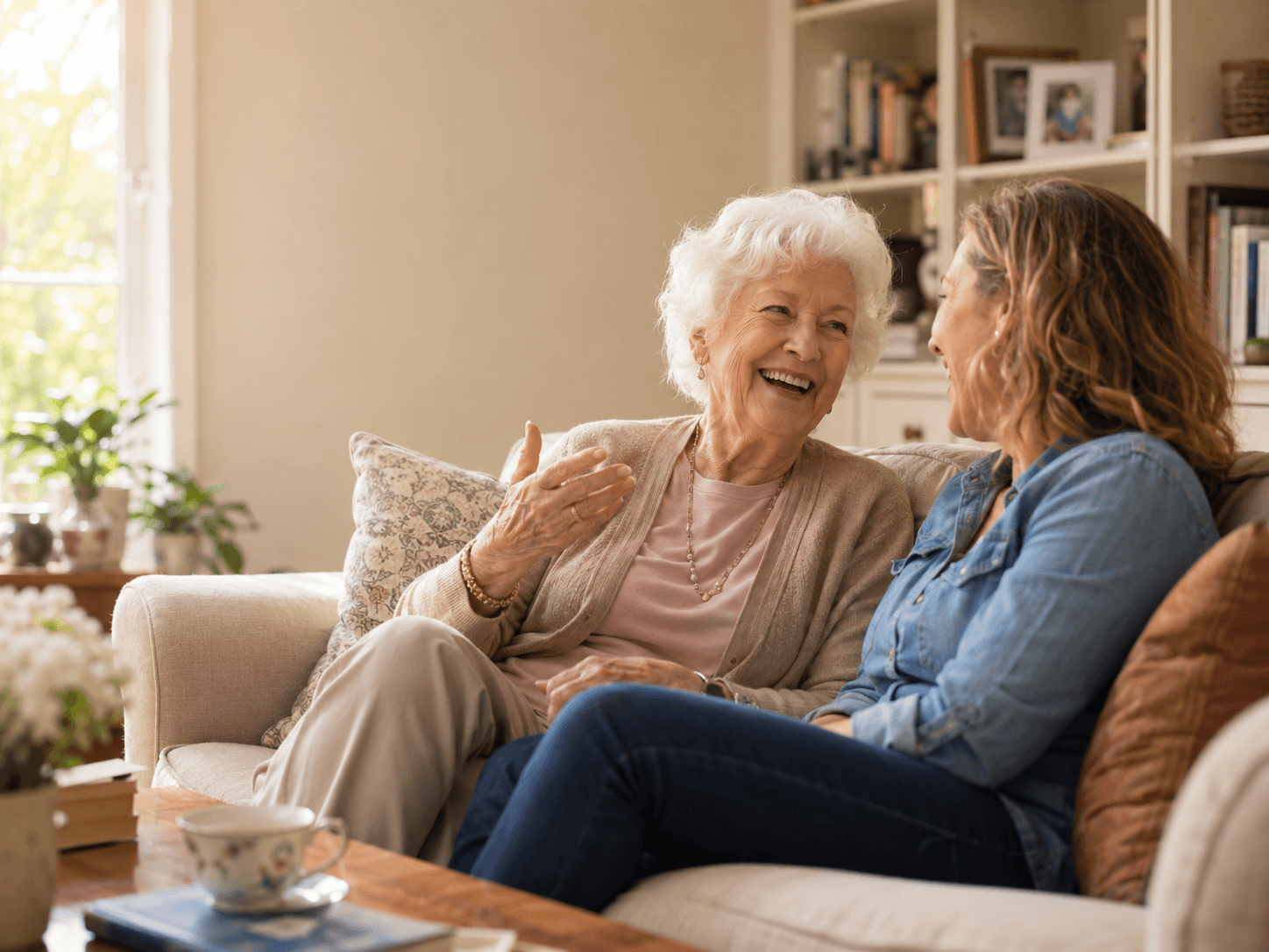 An older woman laughing with her companion on the couch