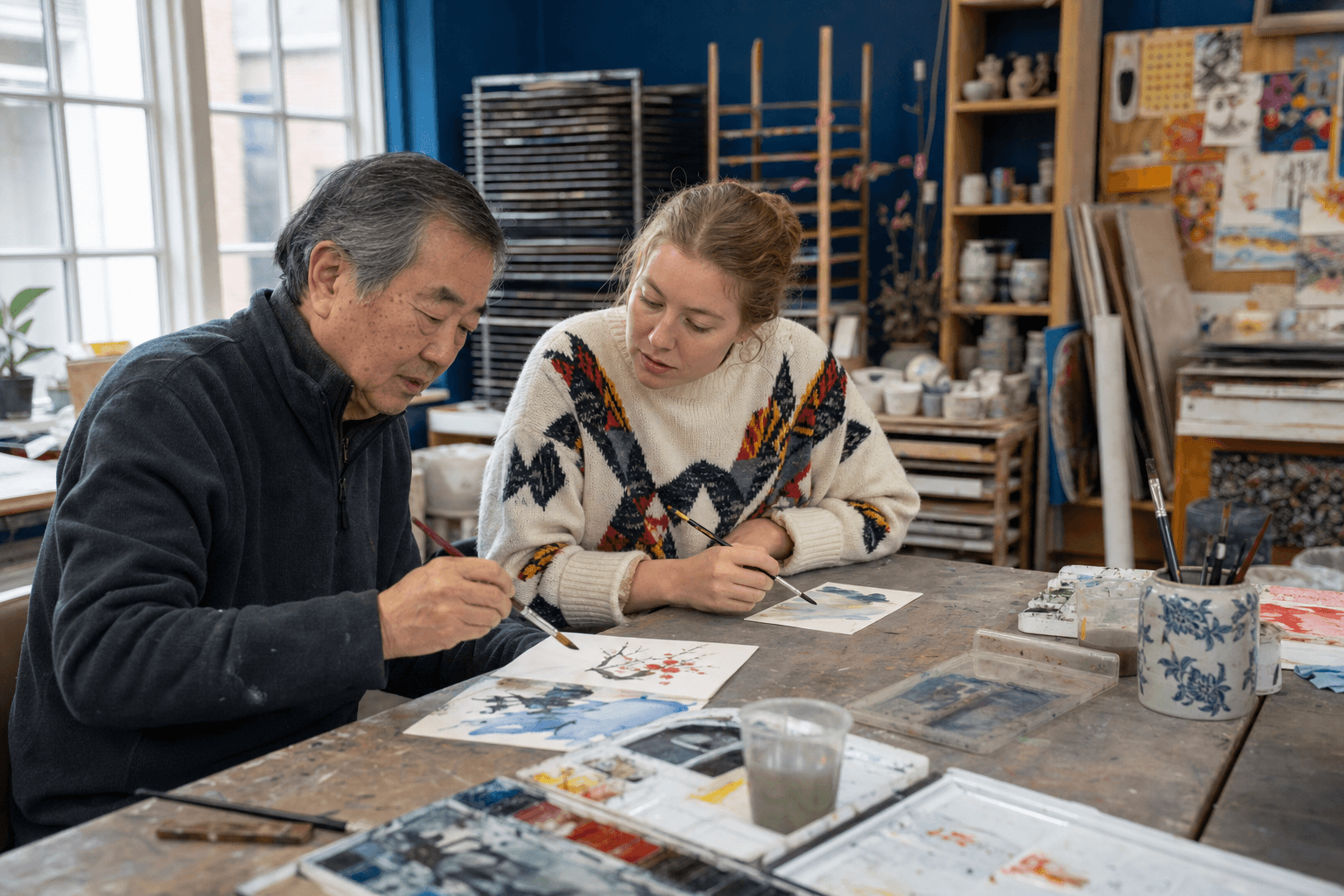 An older adult and companion painting together in a community art studio