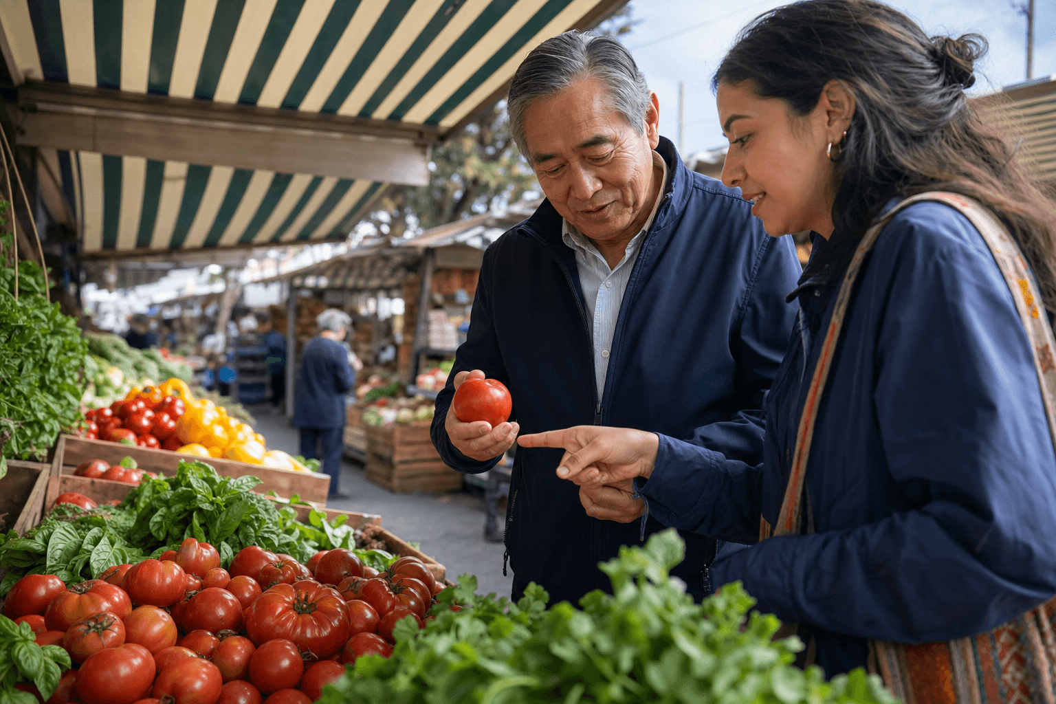 An older man and companion choosing produce together at a farmers market