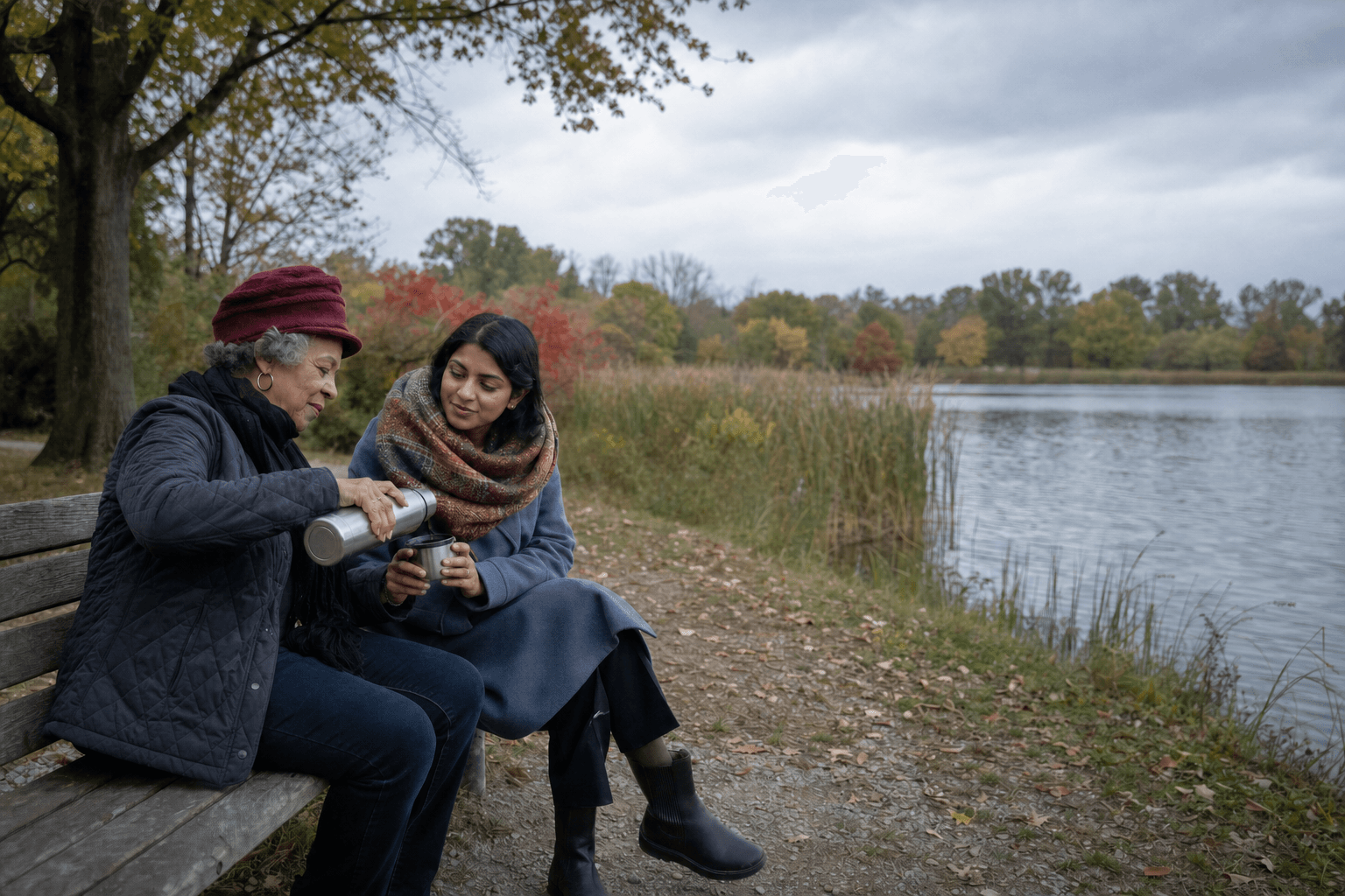 An older woman and her companion sharing tea beside a lake