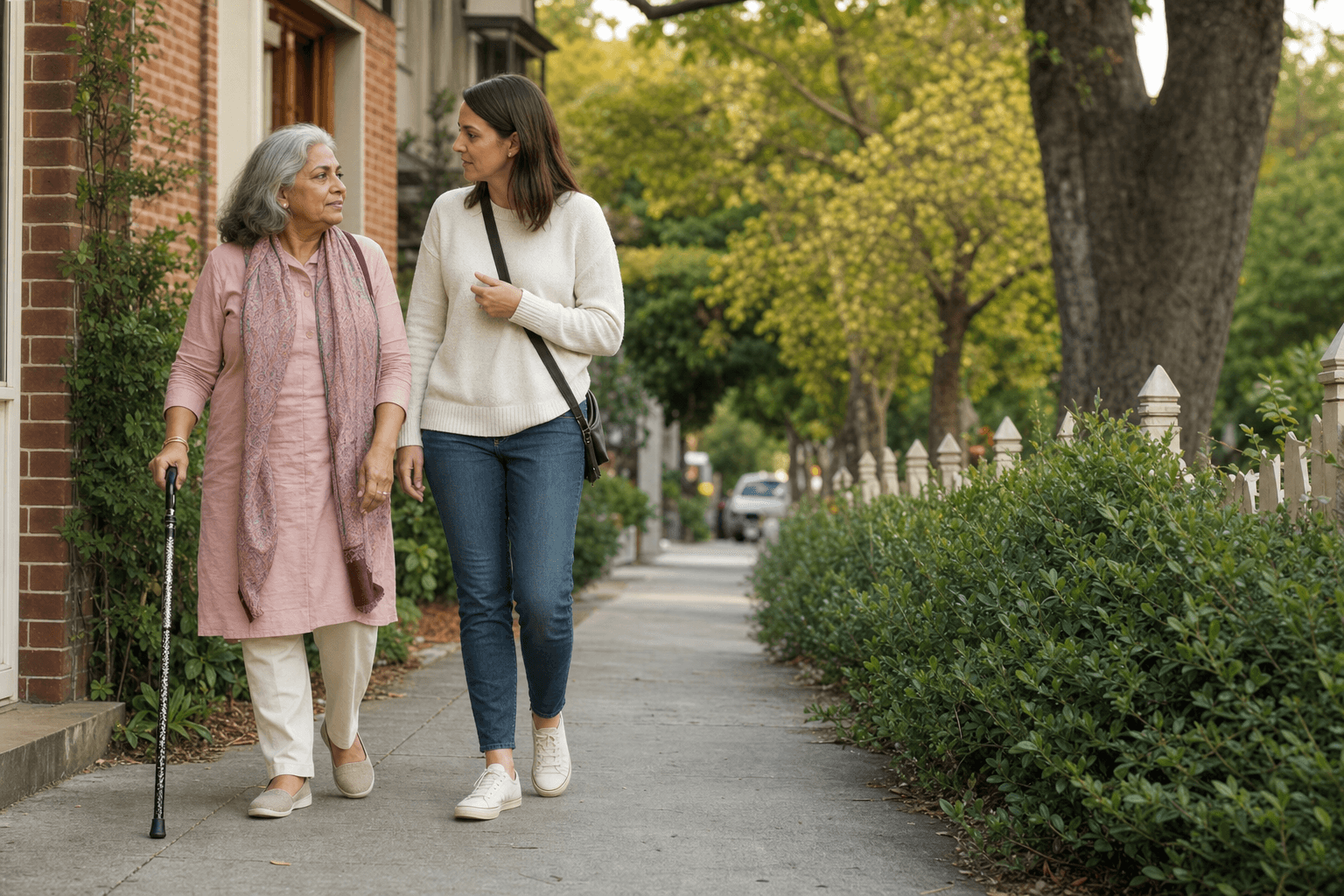 A companion taking a neighborhood walk with an older woman