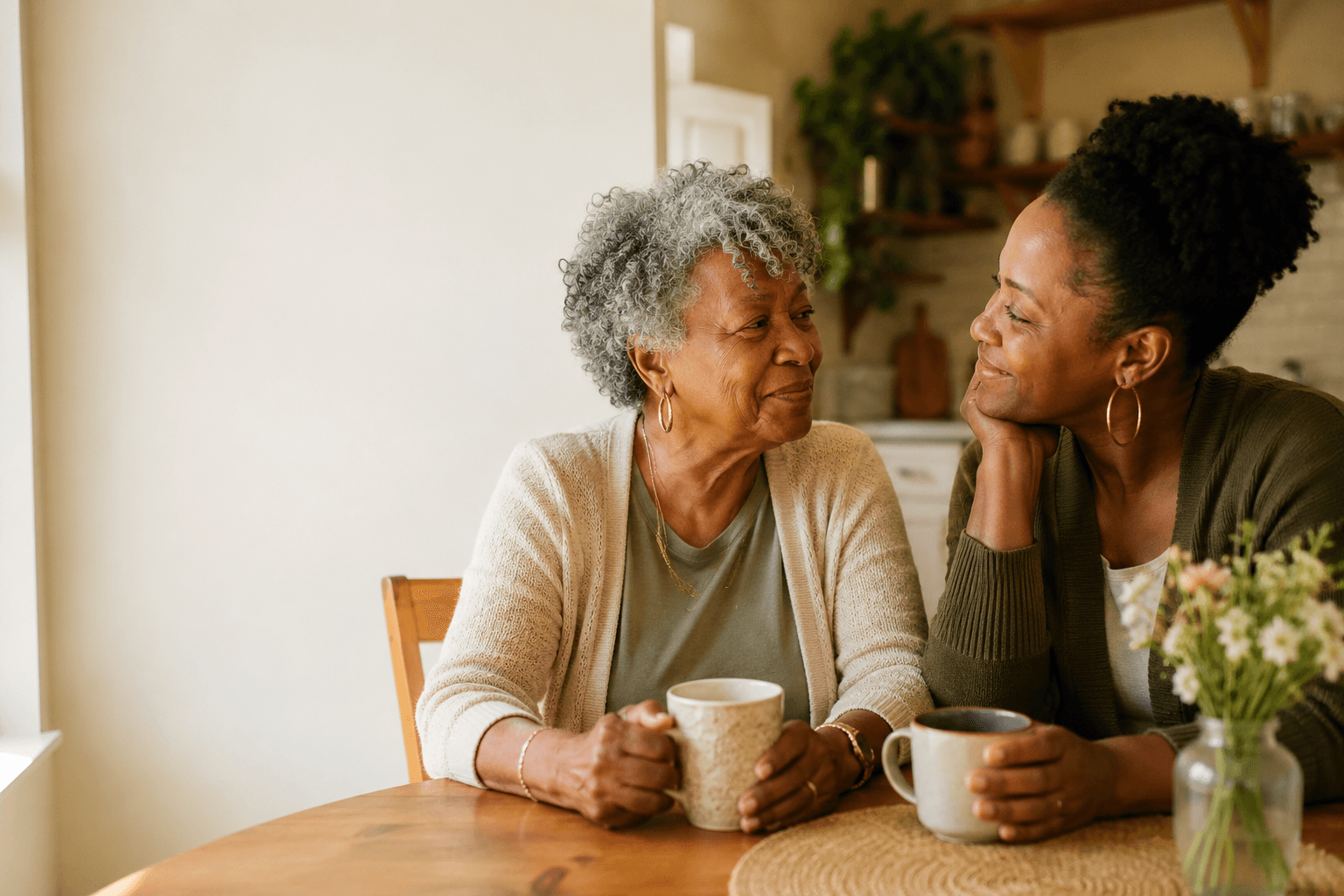 An older woman and her companion sharing tea at the kitchen table