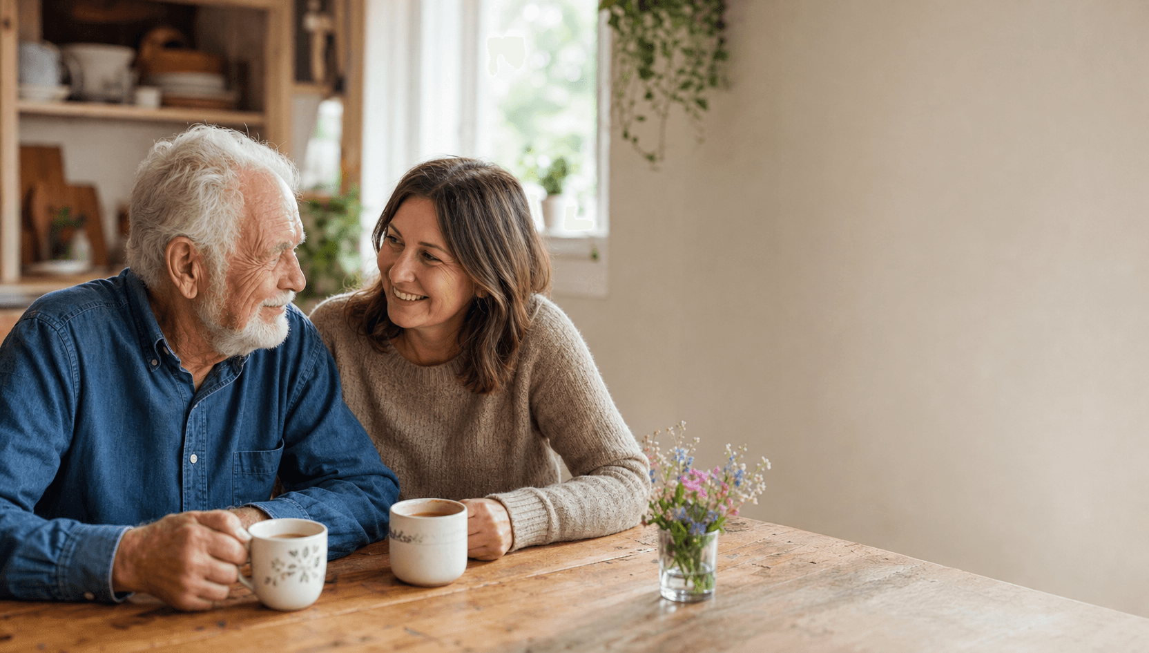 An older man and his companion chatting over coffee