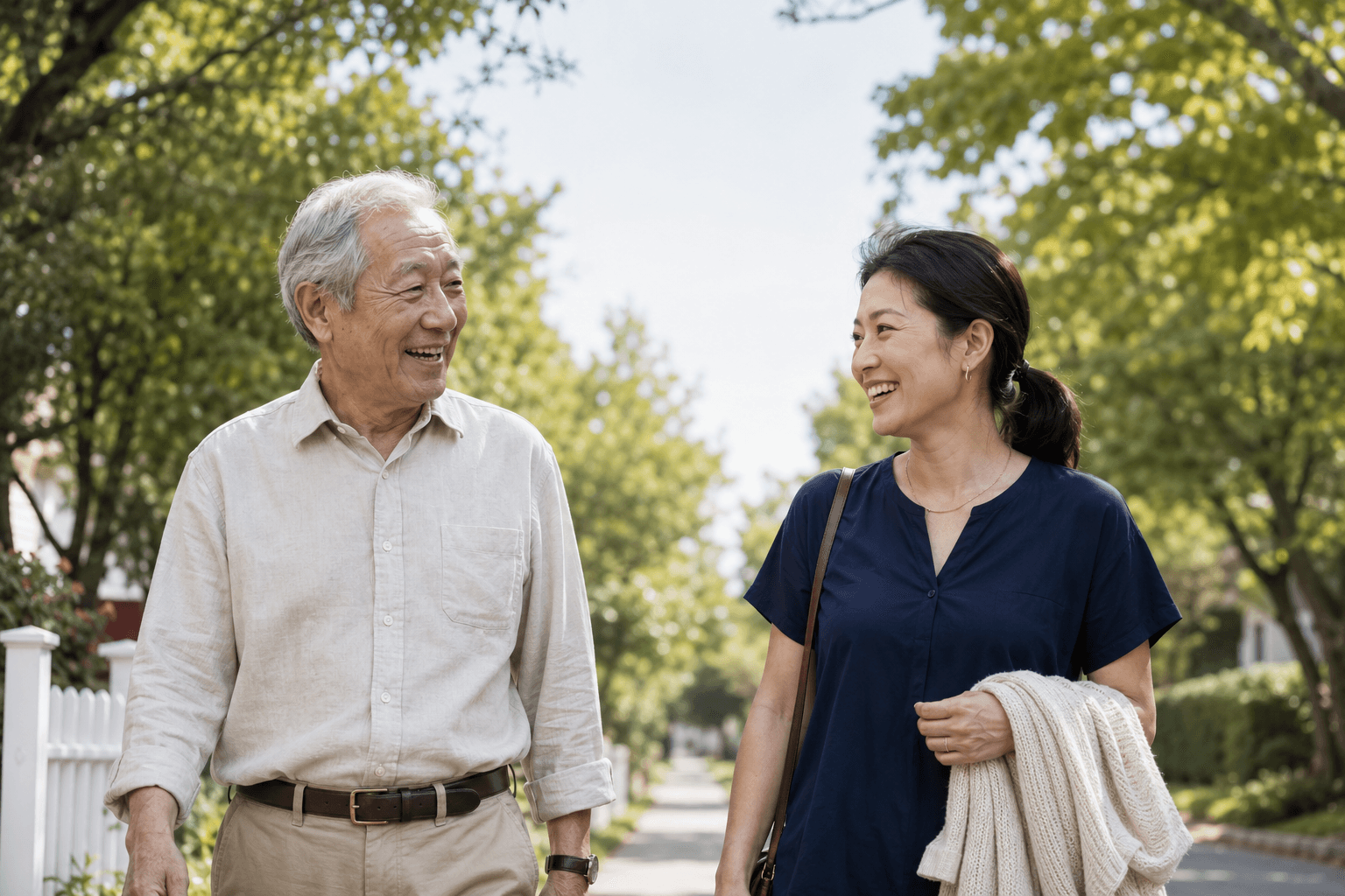A companion out for a neighborhood walk with an older man