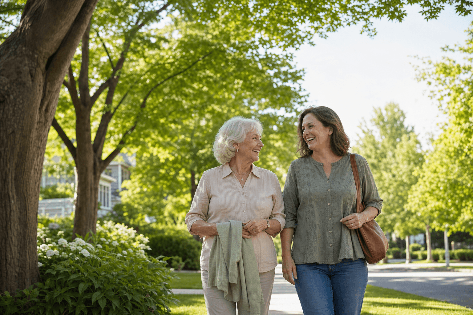An older woman on a sunny neighborhood walk with her companion