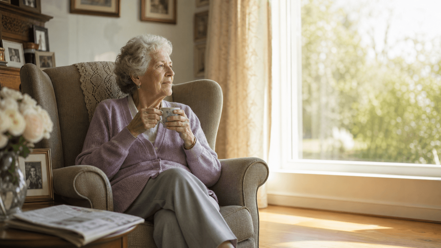 An older woman with a cup of tea by a sunlit window