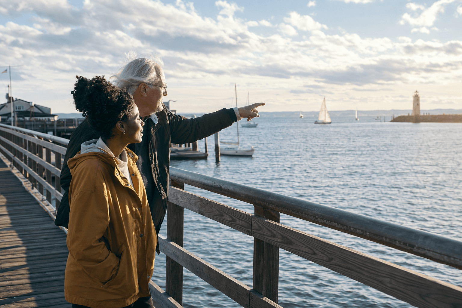 An older man and his companion enjoying a walk along the harbor