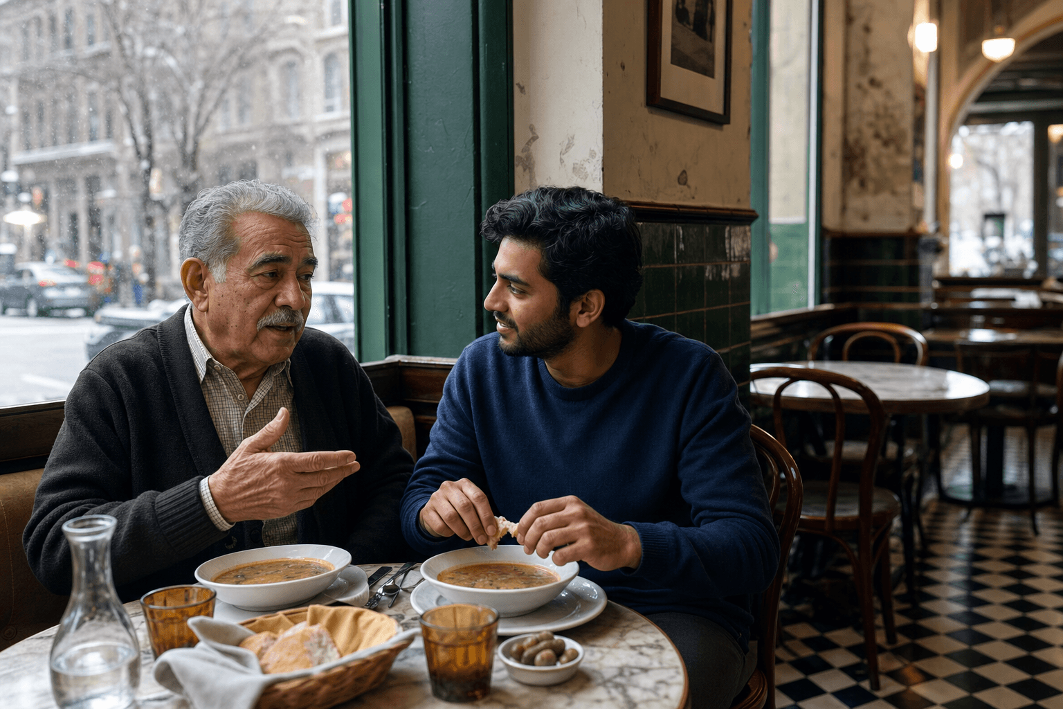 An older man talking with his companion over lunch at a neighborhood cafe