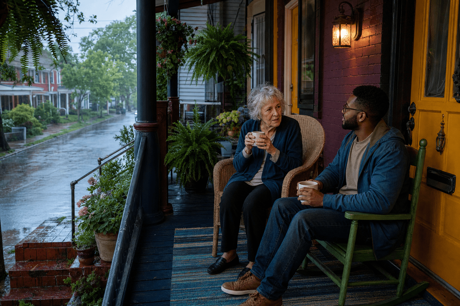 An older woman and her companion sharing tea on a porch while it rains